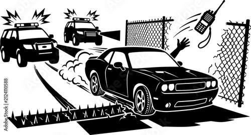 Quadro su tela Action Police Pursuit Vector Artwork Detailing High Speed Muscle Car Escaping SU