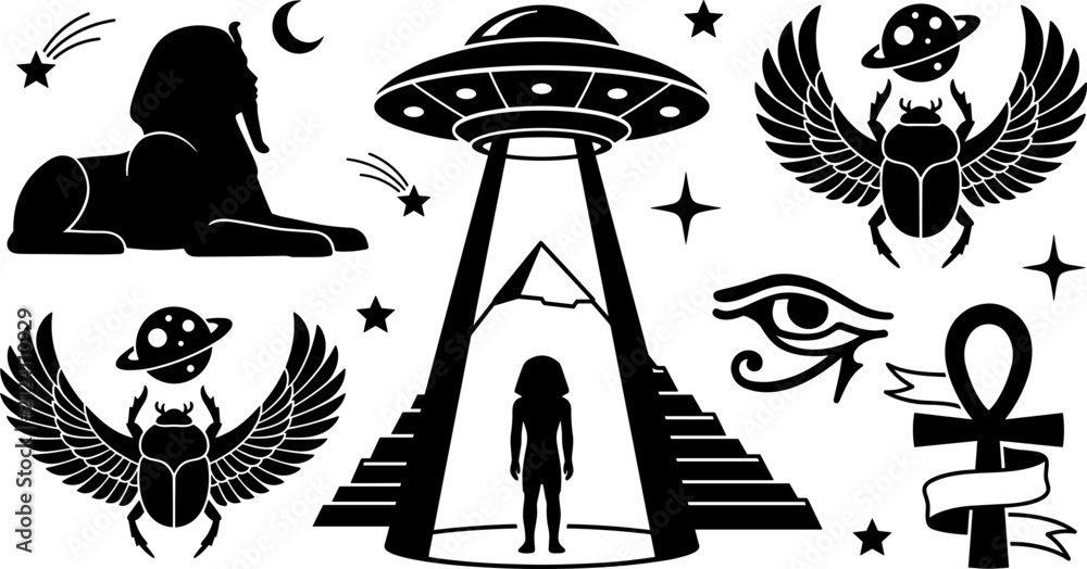 Naklejka premium Ancient Astronaut Theory Egyptian Alien Silhouette Icon Set Featuring UFO Abduction over Pyramid, Winged Scarab holding Saturn Planet, Sphinx, and Eye of Horus