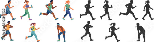 Running and Walking Fitness People Vector Collection with Matching Silhouette Character Set