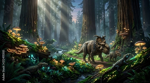 Little dinosaur walking in a magical dark forest