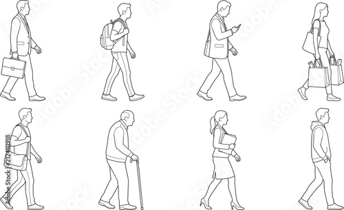Walking People Side View Outline Vector Set with Business Casual Shopping Student and Senior Characters Collection