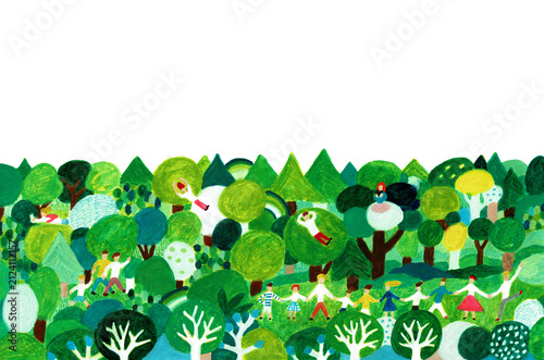 Plakat みんなでつながる緑豊かな森の風景イラスト
