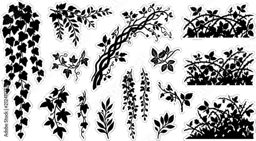 Bild auf Leinwand Climbing Ivy and Tangled Vines Silhouette Icon Set Featuring Hanging Creeper Fol