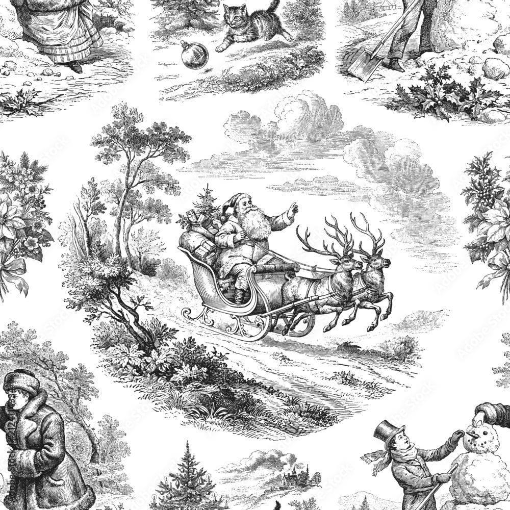 Obraz premium Seamless vector pattern with traditional European Christmas scenes. Vintage engraving or ink drawing style vector illustration. 