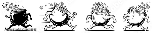 Fotografie Magic cauldrons with legs running and boiling eyeballs inside in funny cartoon l