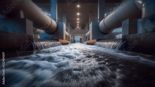 Treated wastewater flowing out of large industrial concrete drainage pipe in modern treatment plant