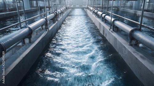 Treated wastewater flowing out of large industrial concrete drainage pipe in modern treatment plant