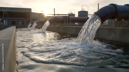 Treated wastewater flowing out of large industrial concrete drainage pipe in modern treatment plant