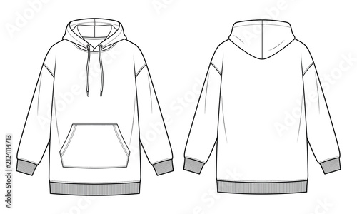 Blank oversized hoodie technical flat, front back view
