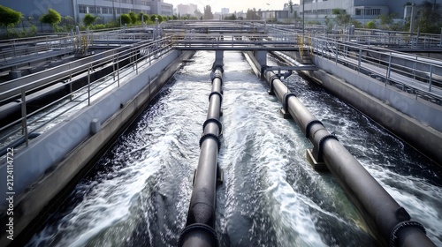 Treated wastewater flowing out of large industrial concrete drainage pipe in modern treatment plant