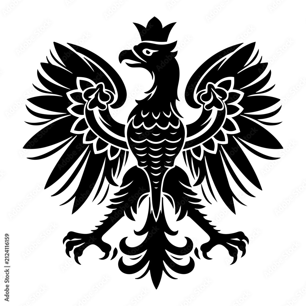 Fototapeta premium Heraldic eagle silhouette with crown and spread wings in traditional emblem style