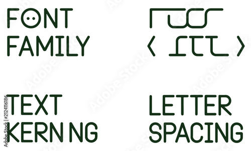 Typography design concepts showing font family and letter spacing examples with minimalist dark green line art graphics