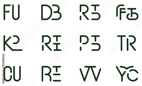 Set of abstract minimalist letter combinations and geometric typographic symbols isolated on a white background for branding