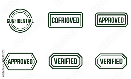 Set of green ink rubber stamps with text labels for document verification and office administrative tasks