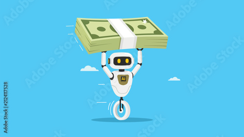 AI Robot Balancing Stack of Money Symbolizing Artificial Intelligence Financial Automation Investment and Business Profit Vector Illustration