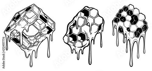 Fotografie Melting honeycomb structures with dripping honey liquid abstract elements