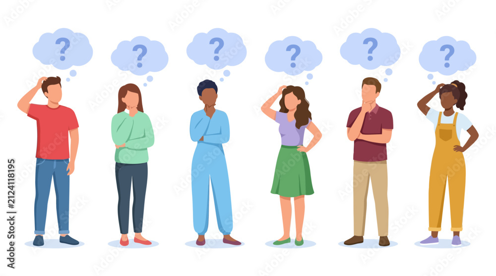 Fototapeta premium Six diverse casual characters with blue thinking question bubbles.