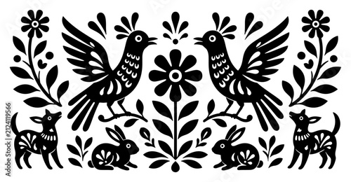 Obraz na plátně Symmetrical animals and birds surrounded by flowers in traditional Mexican Otomi