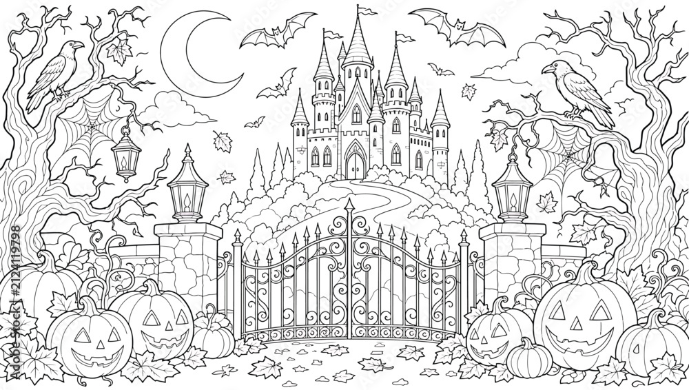 Fototapeta premium Detailed halloween coloring page with a spooky haunted castle, jackolanterns, bare trees, flying bats, and ravens under a crescent moon