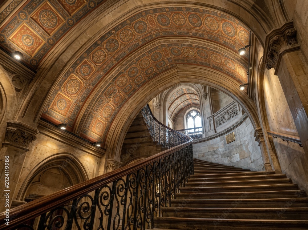 Obraz premium Ornate Staircase in Historic Building, Architectural Interior with Vaulted