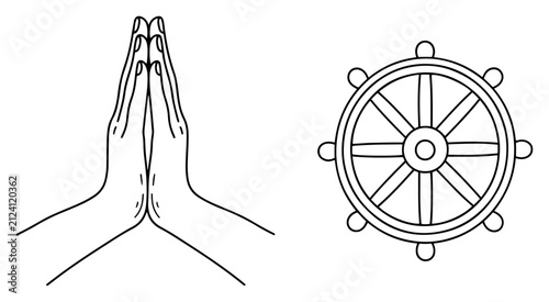 Fotografie Hands in praying gesture and dharma wheel symbol in minimalist line art style