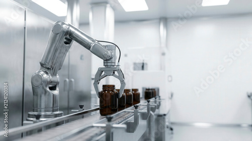 Industrial robotic arm sorting amber supplement jars on automated production line, pharmaceutical manufacturing and automation technology