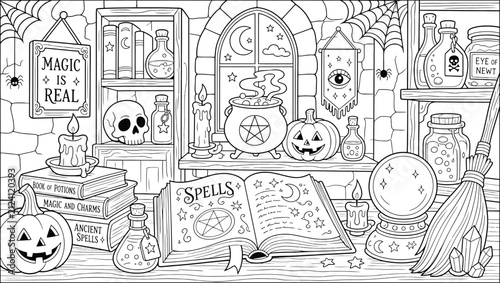 фотографія Halloween witch room coloring page with spells book, cauldron, crystal ball, pum