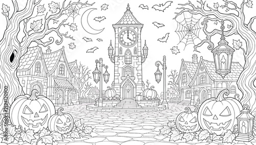 Halloween town square with a clock tower, spooky trees, jackolanterns, bats, and a crescent moon in the night sky, intricate coloring page for adults
