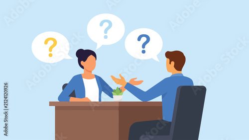 business meeting with question marks illustrating interview communication problem solving consultation and discussion concept