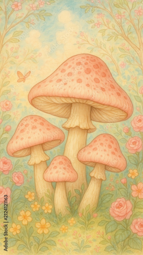 Fototapeta premium Whimsical mushrooms in pastel forest mobile wallpaper