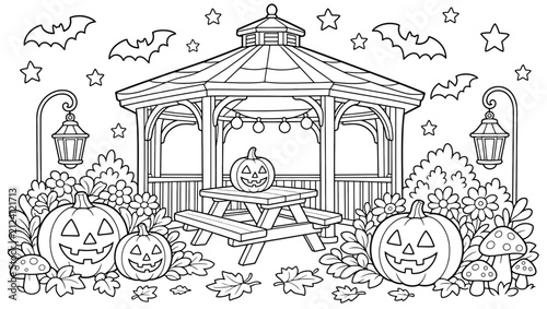 Foto Halloween gazebo coloring page with jackolanterns, bats, and autumn leaves, intr