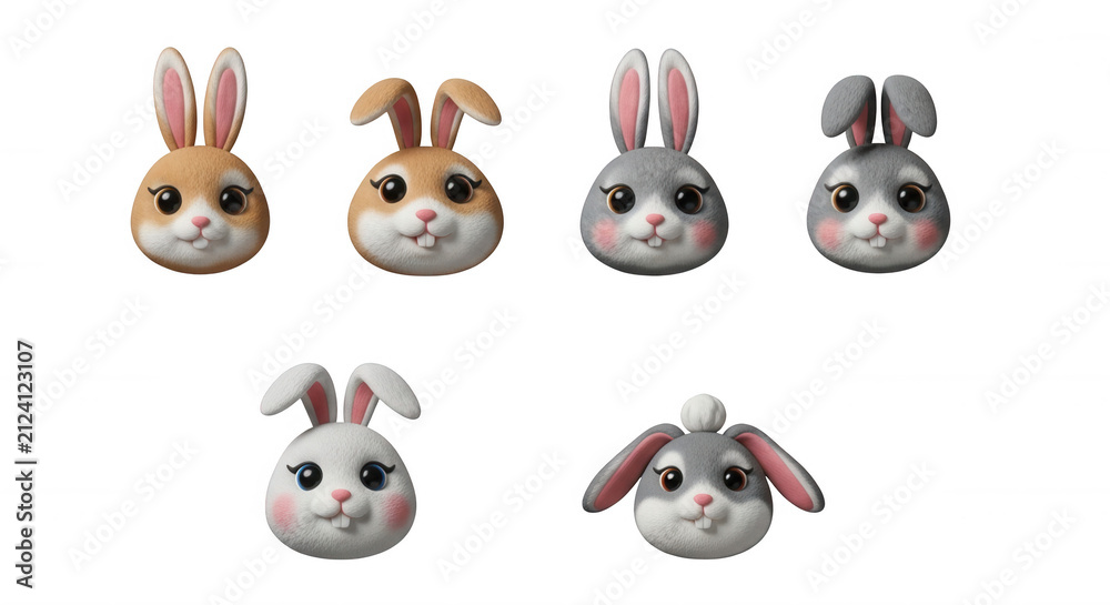 Fototapeta premium adorable bunny heads arranged on a white background suggesting easter crafts or childrens designs with empty space