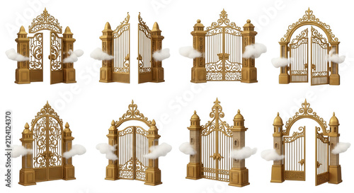various illustrations of golden ornate gates in the sky with clouds for heavenly themes or design projects