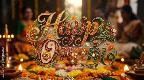 Ornate happy onam greeting with festive pookalam and lamps
