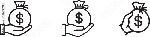 Hand holding money bag icons set for finance and investment with investment