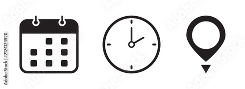 Date time location icons modern black flat clock calendar address set. Clock calendar location pin icon symbols set time date place marker isolated vector.
Eps10