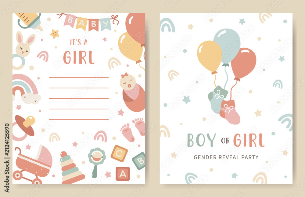 Obraz premium Set Baby shower invitation card for gender reveal party in pink colors. Announcement about celebrating a baby girl birthday. Greeting card for newborns with cute balloons, toys for nursery, a rainbow