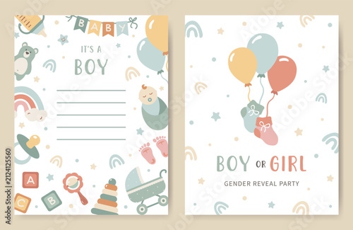Cute set Baby shower invitation card for gender reveal party in blue colors. Announcement about celebrating a boy birthday. Greeting card for newborns with cute balloons, toys for nursery, a rainbow