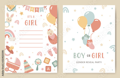 Set Baby shower invitation card for gender reveal party in pink colors. Announcement about celebrating a baby girl birthday. Greeting card for newborns with cute balloons, toys for nursery, a rainbow