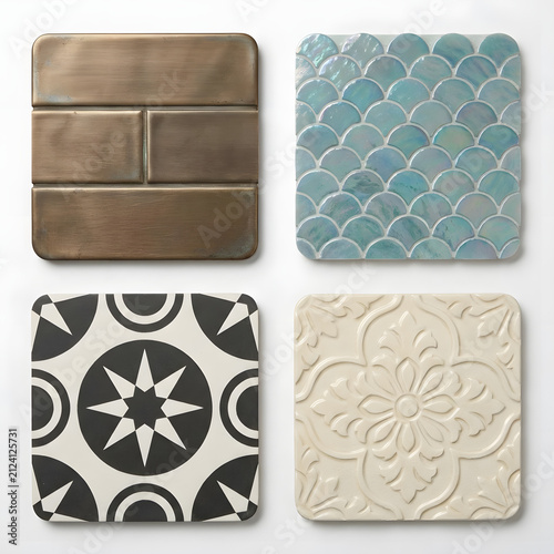 Decorative ceramic and metallic tile samples for home interior design.