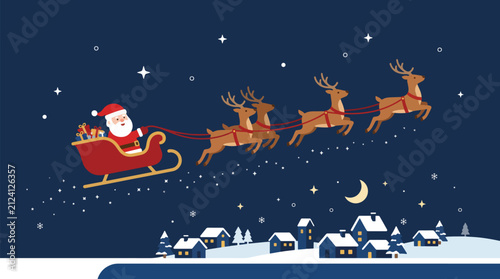 Santa Claus flying in his sleigh pulled by reindeer over a snowy village, spreading Christmas joy for the Winter