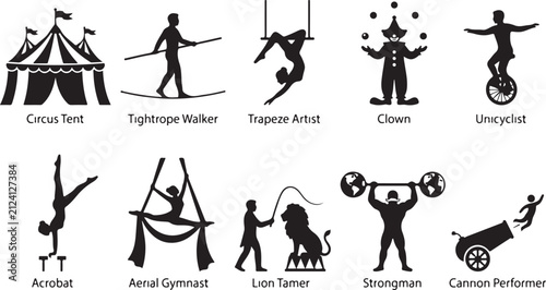 Fotografía Set of black silhouette depicting circus performers and equipment, including a s