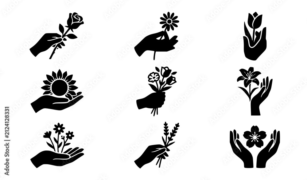 Fototapeta premium Modern abstract generic hand gestures holding flowers symbol vector clipart set with minimalist clean outline unbranded spa brand floral hand monogram and cosmic botanical logo graphics black and whit