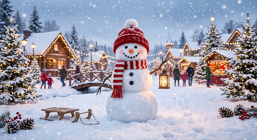 Boneco de neve sorridente usando um chapéu vermelho e cachecol combinando sob a neve caindo suavemente em um cenário de inverno festivo e alegre.