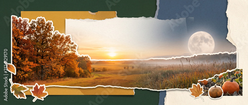 Autumnal Equinox Landscape with Sunset, Full Moon and Harvest Fields in a Panoramic Seasonal Collage