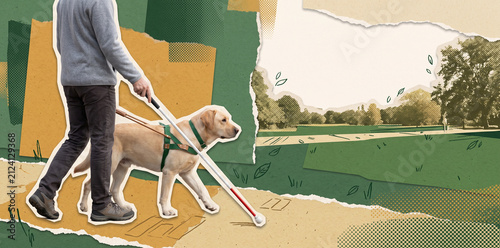Visually Impaired Person Walking with a White Cane and Guide Dog for White Cane Day with Copy Space