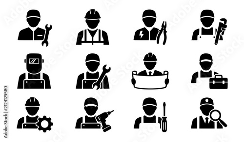 Industrial Worker Black Glyph Vector Icon Set