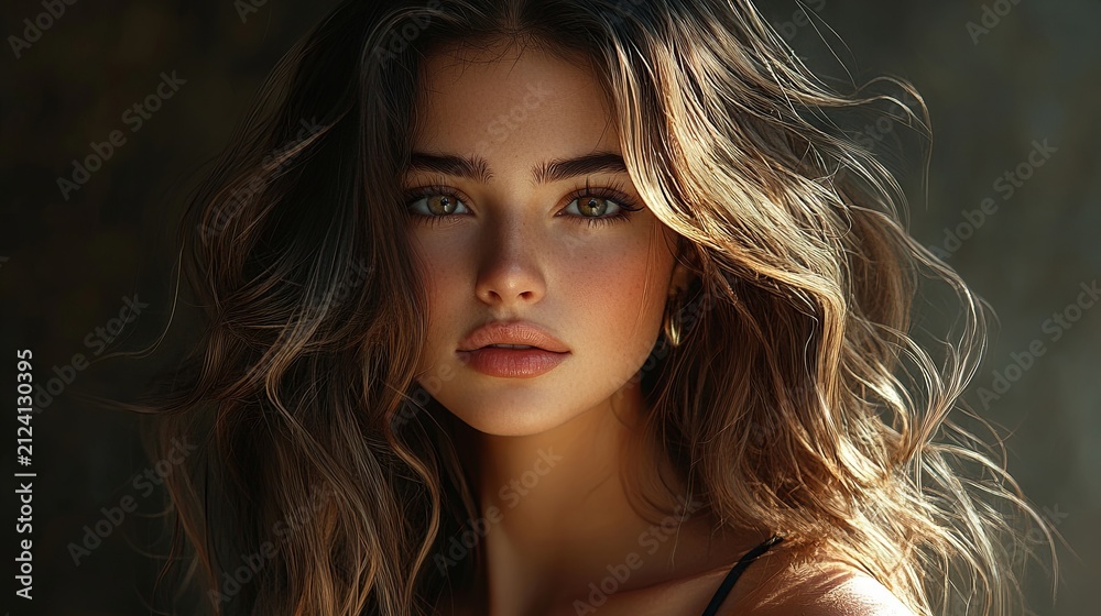 Naklejka premium A beautiful, photorealistic woman with voluminous waves flowing over her back. Loose strands frame her heart-shaped face, accentuating high cheekbones, full lips, radiant skin, and warm, sparkling alm