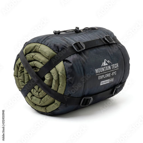 Rolled sleeping bag isolated on white. Compact camping gear for outdoor travel and hiking.