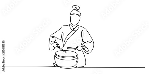Continuous single line drawing of an asian man playing a traditional drum instrument